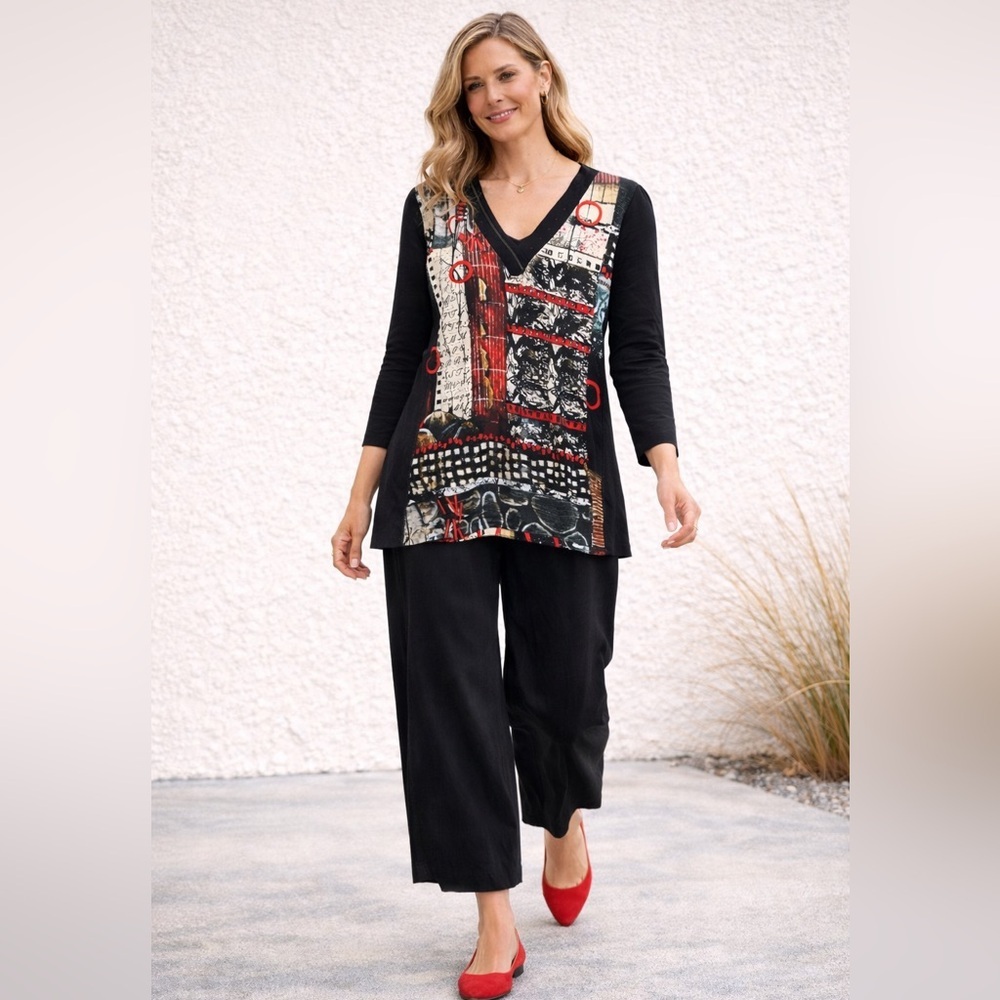 Dolcezza Simply Art Top Size L Abstract Print V Neck Tunic Shirt - Picture 2 of 16